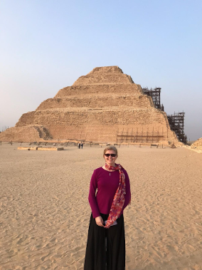 Rebecca in front of a pyramid