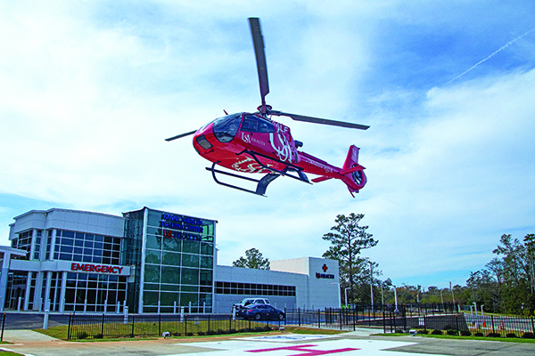 USA South Flight Helicopter landing at USA Health Hospital.