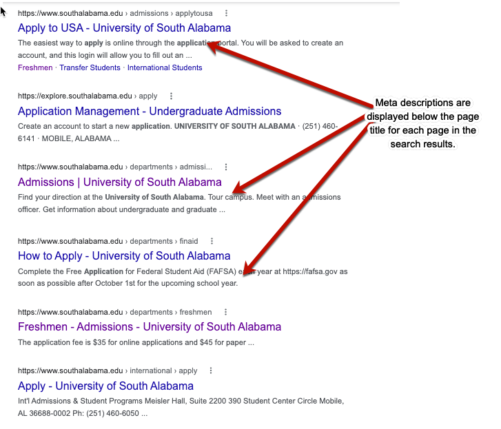 meta descriptions are displayed below the page title for each page in the search results