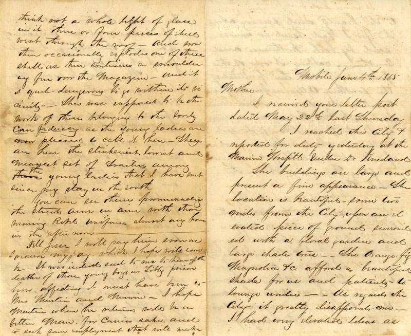 A letter from Orson Crampton to his mother, written from Mobile in 1865. 