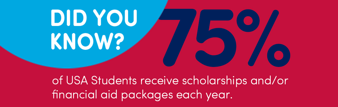 Did you know that 75% of USA Students receivescholarships and/or financial aid packages each year.