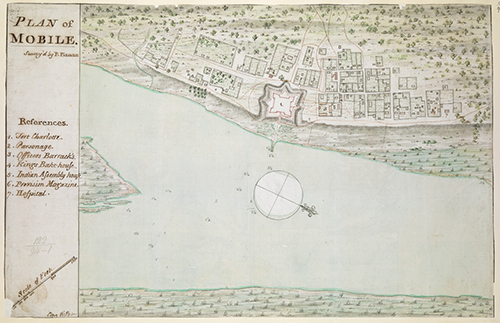 1763 Map of Mobile created by Philip Pittman. The ditch can be seen in the upper left corner of the map on the outskirts of town.