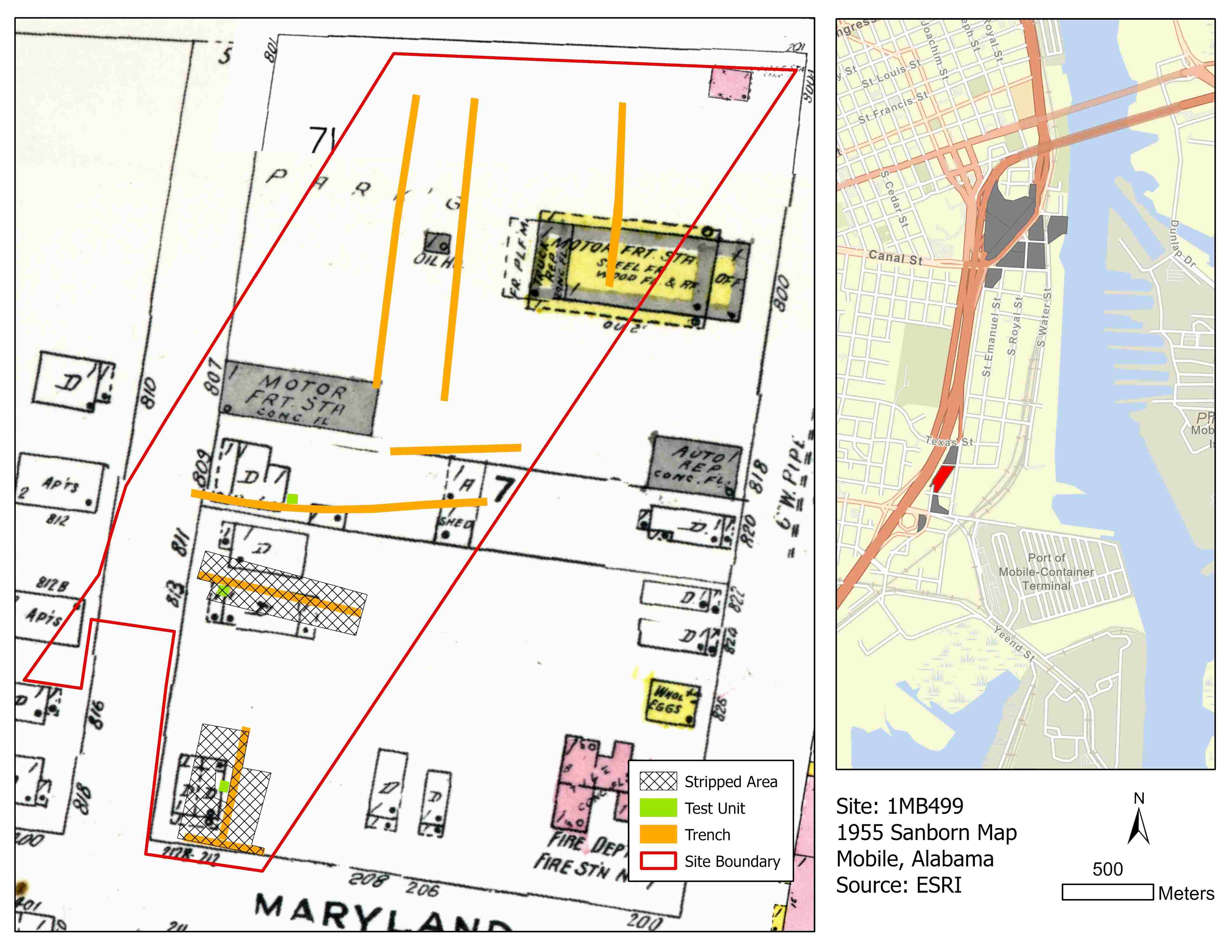 Map showing building locations in 1955 and excavations in 2022