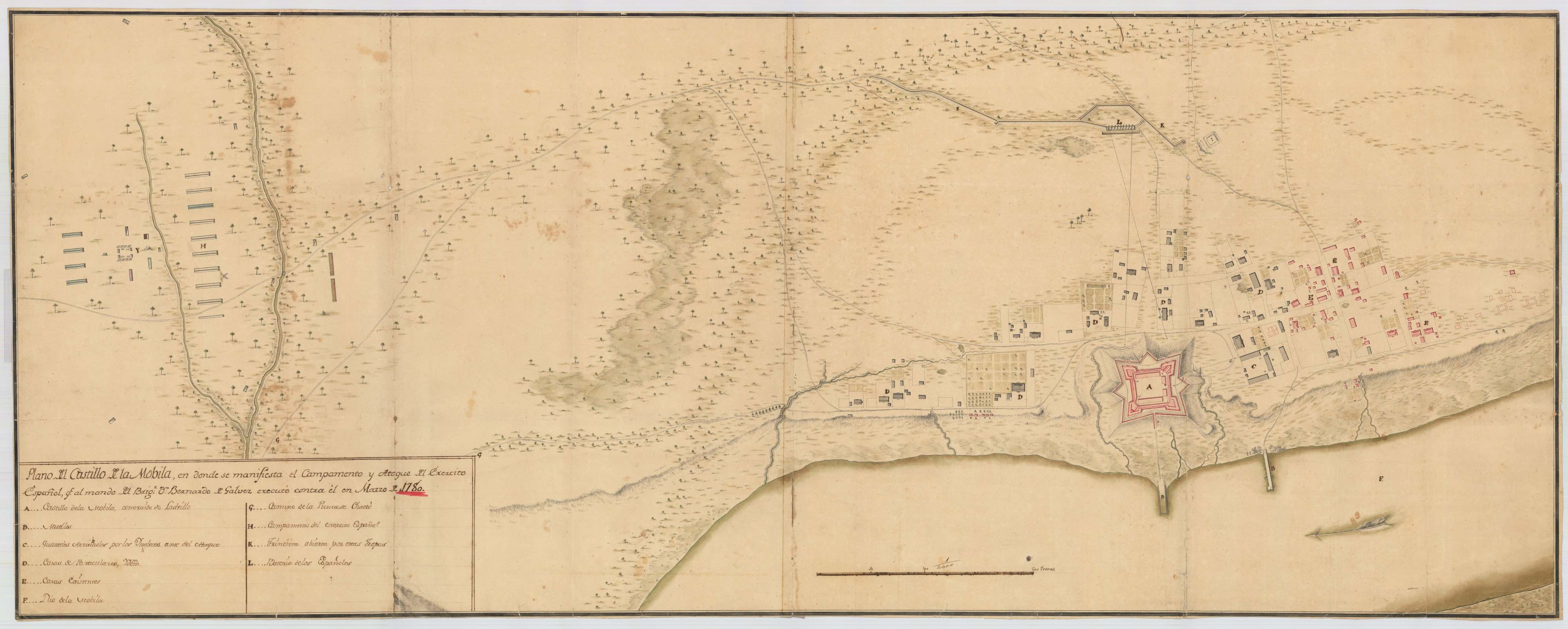 Historic map showing Mobile and locations of Spanish fortifications from 1780