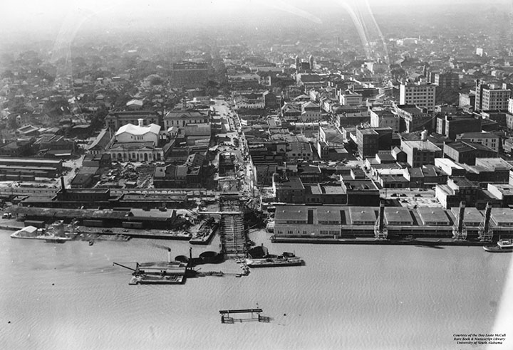 Aerial photo of Mobile, with Down the Bay to the left, during the Bankhead Tunnel Construction.