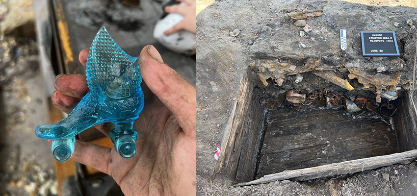 Left: A photo of an artifact. This decorative glass roller skate was found near downtown Mobile earlier this year. Right: A photo of a feature. Privies, or outhouses, are common features on historic sites. 
