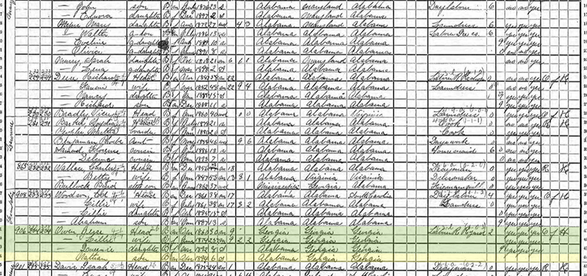 1900 US Census records with the Owens Family highlighted in green and yellow. Census courtesy of the National Archives and Records Administration.