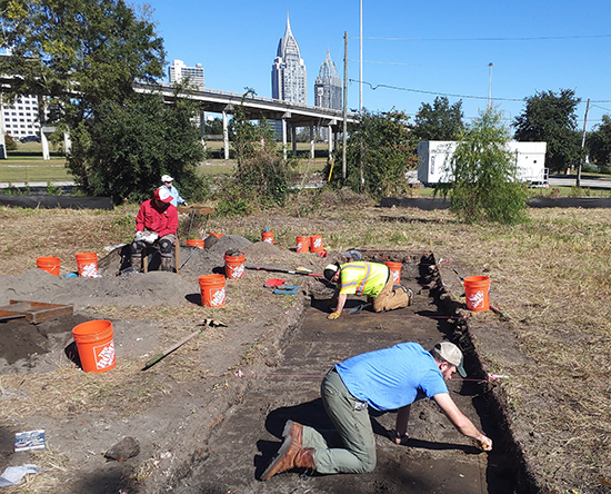 Archaeologists excavating near downtown Mobile for the I-10 Mobile River Bridge Archaeology Project