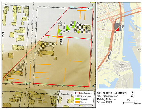 1904 Sanborn Fire Insurance Map showing our excavations at the Union Hall and Bender Sites in 2021-2022. Map courtesy of the Library of Congress.