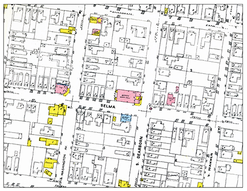 This 1955 Sanborn Fire Insurance Map shows the location of the Harlem Theater (the large pink building at the corner of Selma and South Dearborn Streets). Pope’s Luncheonette is the blue building across the street. Map courtesy of the Library of Congress. 