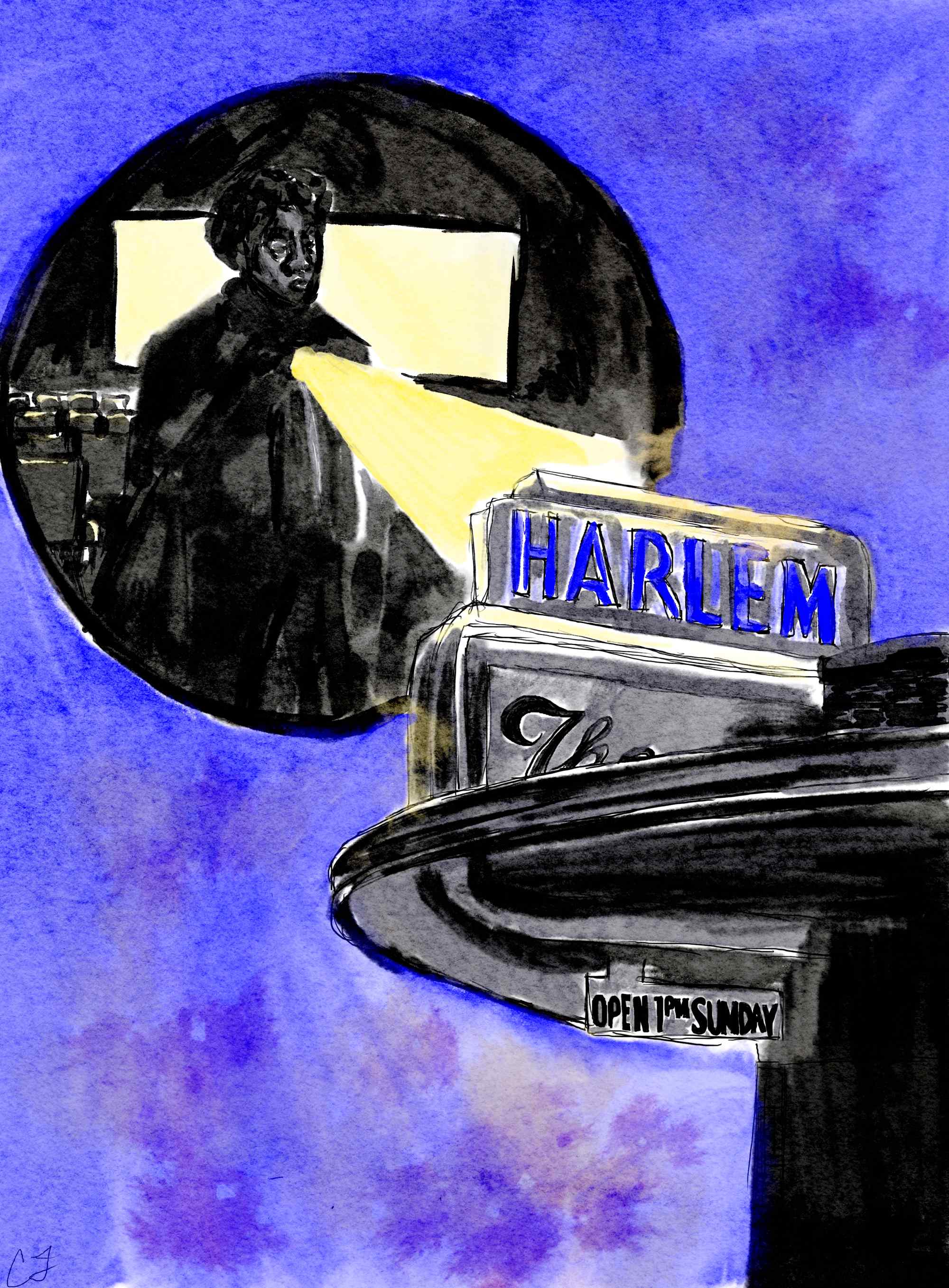 Watercolor illustration of the exterior of the Harlem Theater and a man with a flashlight inside the theater