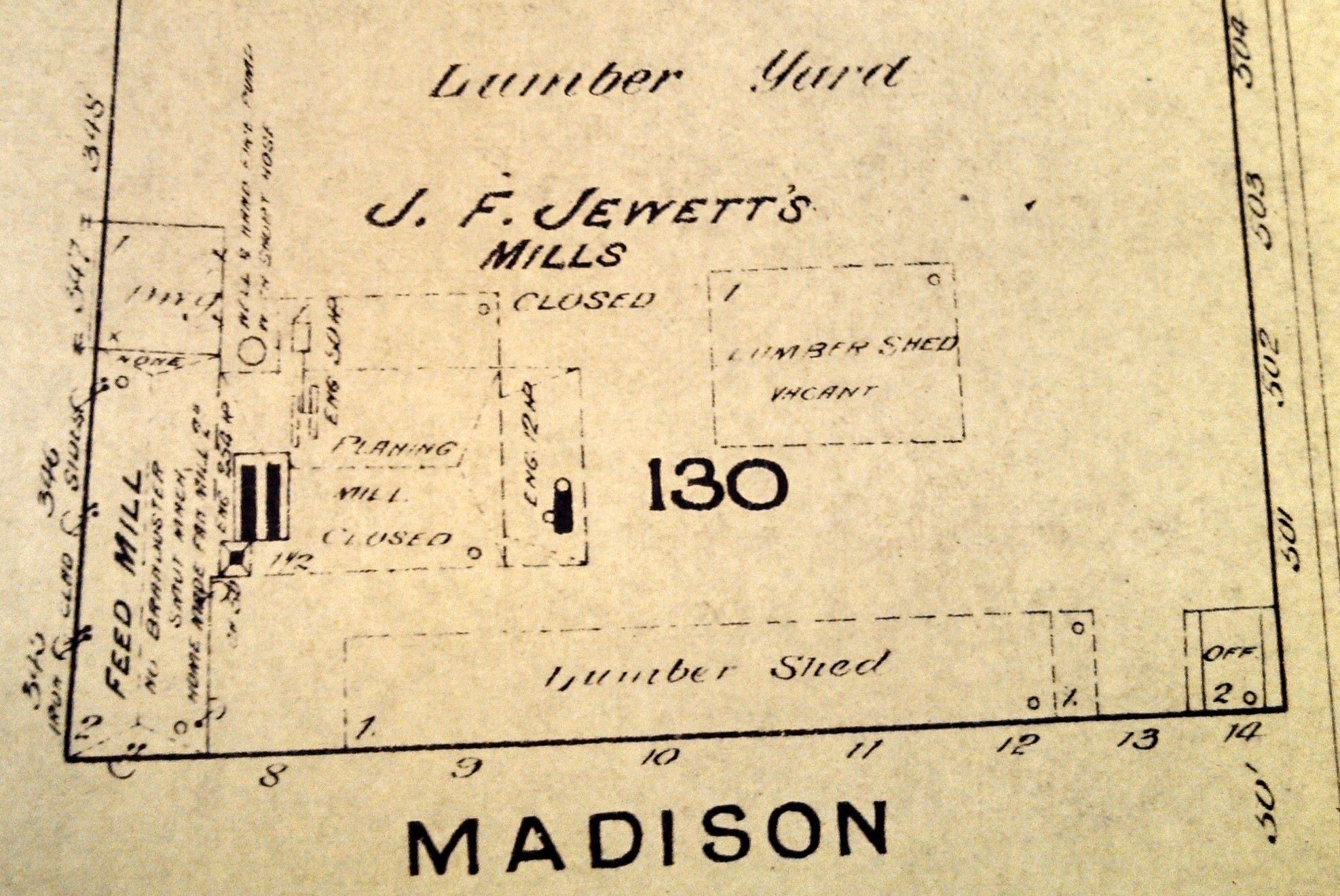 Black and white map labeled "J.F. Jewett's Mills"