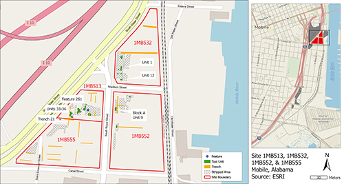 Left: Locations where storm surges have been identified at four archaeological sites along South Water Street. Right: The I-10 MRB Archaeology Project area. The four sites on the left are red in this map, while the other sites for the I-10 project are in gray.