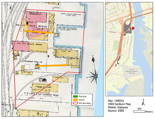 1904 Sanborn Fire Insurance Map showing our 2021-2022 excavations at the Eslava Street Site. Map courtesy of the Library of Congress.