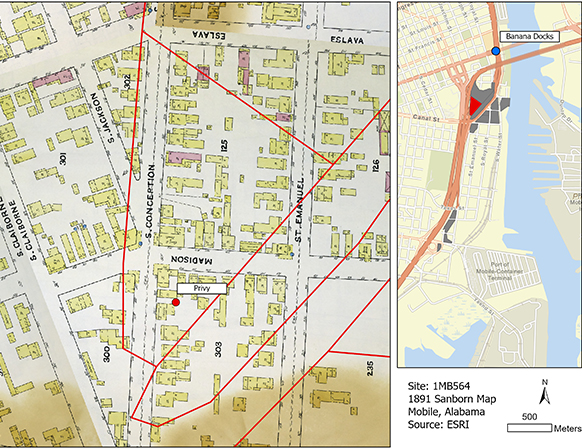 The privy feature excavated at the Mardi Gras Camp Site marked on the 1891 Sanborn Fire Insurance Map (left). The project area for the I-10 Mobile River Bridge Archaeology Project with the Banana Docks marked in blue, the Mardi Gras Camp Site marked in red, and other sites marked in gray (right).