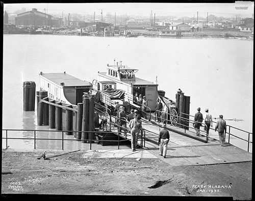 The ADDSCO worker’s ferry between Down the Bay and Pinto Island, as seen in January 1935. Note the segregated ferry entrances. Overbey Collection, The Doy Leale McCall Rare Book and Manuscript Library, University of South Alabama.
