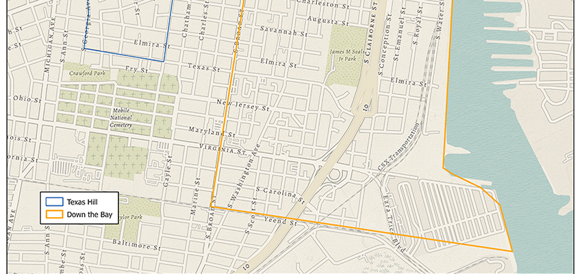 The location of the Texas Hill neighborhood (as described by Clarence Lott Jr. in an interview with Dr. Kern Jackson in 1999) in juxtaposition to the rest of the Down the Bay area (as roughly described in oral history interviews).