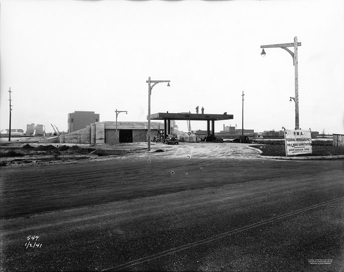 Bankhead Tunnel toll booth construction in 1941, a WPA project. Erik Overbey Collection, The Doy Leale McCall Rare Book and Manuscript Library, University of South Alabama.