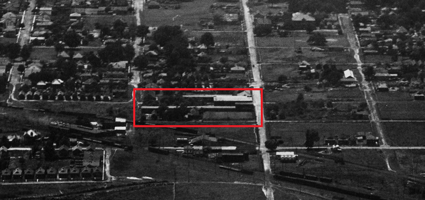 1922 aerial image of Mobile taken by the Air Force. The Virginia Street Site is outlined in red, with 401 Franklin Street on the right. Courtesy of the National Archives.