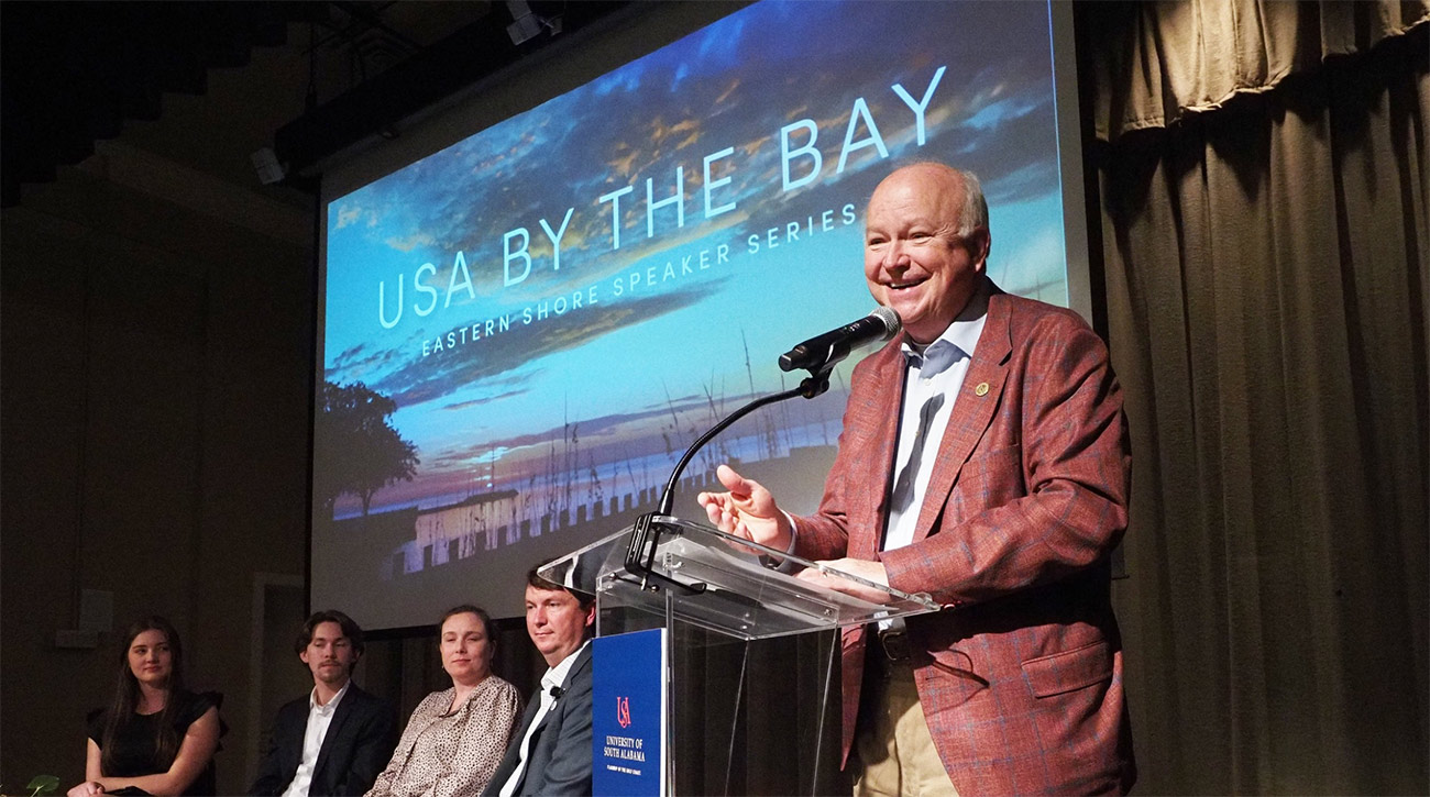 President Jo Bonner speaking at the USA By The Bay Eastern Shore Speaker Series
